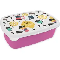MuchoWow Broodtrommel Roze - Lunchbox - Brooddoos - Patronen - Koffie - Ontbijt - Croissant - 18x12x6 cm - Kinderen - Meisje