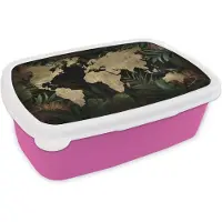 MuchoWow Broodtrommel Roze - Lunchbox - Brooddoos - Wereldkaart - Vintage - Planten - 18x12x6 cm - Kinderen - Meisje