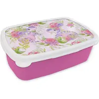 MuchoWow Broodtrommel Roze - Lunchbox - Brooddoos - Dinosaurussen - Bloemen - Kinderkamer - Meisjes - Kinderen - Roze - Meid - 18x12x6 cm - Kinderen - Meisje