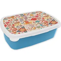 MuchoWow Broodtrommel Blauw - Lunchbox - Brooddoos - Thee - Dieren - Snoepgoed - Regenboog - Patronen - 18x12x6 cm - Kinderen - Jongen