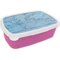 MuchoWow Broodtrommel Roze - Lunchbox - Brooddoos - Wereldkaart - Blauw - Lijnen - 18x12x6 cm - Kinderen - Meisje