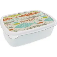 MuchoWow Broodtrommel Wit - Lunchbox - Brooddoos - Vis - Jaren 50 - Patroon - 18x12x6 cm - Volwassenen