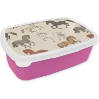 MuchoWow Broodtrommel Roze - Lunchbox - Brooddoos - Paarden - Roze - Grijs - Meisjes - Kinderen - Meiden - 18x12x6 cm - Kinderen - Meisje