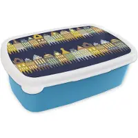 MuchoWow Broodtrommel Blauw - Lunchbox - Brooddoos - Patronen - Huizen - Gebouw - 18x12x6 cm - Kinderen - Jongen
