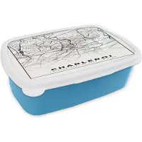 MuchoWow Broodtrommel Blauw - Lunchbox - Brooddoos - Plattegrond – Charleroi – Zwart Wit – Stadskaart - Kaart - België - 18x12x6 cm - Kinderen - Jongen