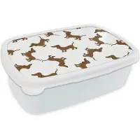 MuchoWow Broodtrommel Wit - Lunchbox - Brooddoos - Patronen - Hond - Teckel - Jongens - Meisjes - Kinderen - Kind - 18x12x6 cm - Volwassenen