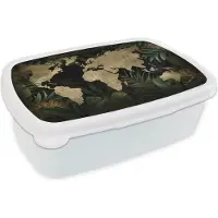 MuchoWow Broodtrommel Wit - Lunchbox - Brooddoos - Wereldkaart - Vintage - Tropische Planten - 18x12x6 cm - Volwassenen