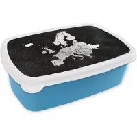 MuchoWow Broodtrommel Blauw - Lunchbox - Brooddoos - Europakaart op sterrenhemel achtergrond van waterverf - zwart wit - 18x12x6 cm - Kinderen - Jongen