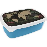 MuchoWow Broodtrommel Blauw - Lunchbox - Brooddoos - Wereldkaart - Bruin - Tropische planten - 18x12x6 cm - Kinderen - Jongen