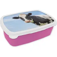 MuchoWow Broodtrommel Roze - Lunchbox - Brooddoos - Koe - Dieren - Portret - Lucht - 18x12x6 cm - Kinderen - Meisje