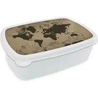 MuchoWow Broodtrommel Wit - Lunchbox - Brooddoos - Wereldkaart - Vintage - Zwart - 18x12x6 cm - Volwassenen