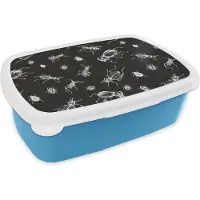 MuchoWow Broodtrommel Blauw - Lunchbox - Brooddoos - Patronen - Insecten - Zwart Wit - 18x12x6 cm - Kinderen - Jongen