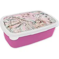 MuchoWow Broodtrommel Roze - Lunchbox - Brooddoos - Aquarelverf - Dieren - Jungle - Roze - Meisjes - Kinderen - Kids - 18x12x6 cm - Kinderen - Meisje