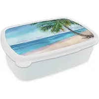 MuchoWow Broodtrommel Wit - Lunchbox - Brooddoos - Strand - Palmboom - Zee - 18x12x6 cm - Volwassenen