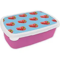 MuchoWow Broodtrommel Roze - Lunchbox - Brooddoos - Paprika - Groenten - Patronen - Blauw - 18x12x6 cm - Kinderen - Meisje