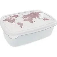 MuchoWow Broodtrommel Wit - Lunchbox - Brooddoos - Wereldkaart - Paars - Wit - 18x12x6 cm - Volwassenen