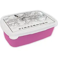 MuchoWow Broodtrommel Roze - Lunchbox - Brooddoos - Frankrijk - Kaart - Strasbourg - Plattegrond - Stadskaart - Zwart wit - 18x12x6 cm - Kinderen - Meisje