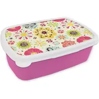 MuchoWow Broodtrommel Roze - Lunchbox - Brooddoos - Hart - Bloemen - Patronen - 18x12x6 cm - Kinderen - Meisje