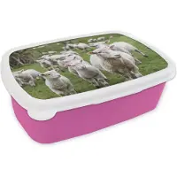 MuchoWow Broodtrommel Roze - Lunchbox - Brooddoos - Schaap - Gras - Lam - 18x12x6 cm - Kinderen - Meisje