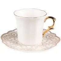 Clayre & Eef Kop en schotel 95 ml Wit Goudkleurig Porselein Servies Wit Servies