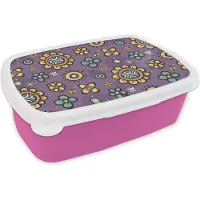 MuchoWow Broodtrommel Roze - Lunchbox - Brooddoos - Meisjes - Vlinder - Planten - Patronen - Girl - Kids - Kinderen - 18x12x6 cm - Kinderen - Meisje