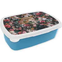 MuchoWow Broodtrommel Blauw - Lunchbox - Brooddoos - Luipaard - Bloemen - Dieren - 18x12x6 cm - Kinderen - Jongen