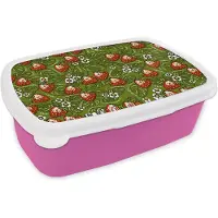 MuchoWow Broodtrommel Roze - Lunchbox - Brooddoos - Bloemen - Aardbei - Bladeren - Vegan - Patronen - 18x12x6 cm - Kinderen - Meisje