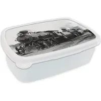 MuchoWow Broodtrommel Wit - Lunchbox - Brooddoos - Zwart-wit foto van een antieke stoomtrein - 18x12x6 cm - Volwassenen