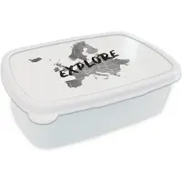 MuchoWow Broodtrommel Wit - Lunchbox - Brooddoos - Europakaart in grijze waterverf met de tekst Explore over de landen - zwart wit - 18x12x6 cm - Volwassenen