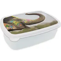 MuchoWow Broodtrommel Wit - Lunchbox - Brooddoos - Olifant - Kunst - India - 18x12x6 cm - Volwassenen