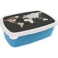 MuchoWow Broodtrommel Blauw - Lunchbox - Brooddoos - Wereldkaart - Bruin - zwart - 18x12x6 cm - Kinderen - Jongen