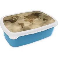 MuchoWow Broodtrommel Blauw - Lunchbox - Brooddoos - Wereldkaart - Waterverf - Patronen - 18x12x6 cm - Kinderen - Jongen