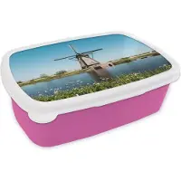 MuchoWow Broodtrommel Roze - Lunchbox - Brooddoos - Molen - Bloemen - Water - Nederland - 18x12x6 cm - Kinderen - Meisje