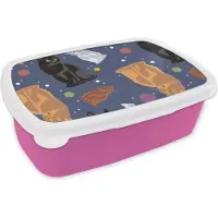 MuchoWow Broodtrommel Roze - Lunchbox - Brooddoos - Patronen - Kat - Ruimte - Jongens - Meisjes - Kinderen - Kids - 18x12x6 cm - Kinderen - Meisje