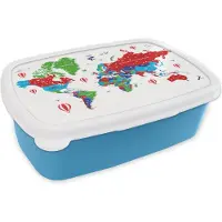 MuchoWow Broodtrommel Blauw - Lunchbox - Brooddoos - Wereldkaart - Kleuren - Luchtballon - 18x12x6 cm - Kinderen - Jongen