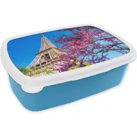 MuchoWow Broodtrommel Blauw - Lunchbox - Brooddoos - De Eiffeltoren met een uniek roze boom die de afbeelding een kleurrijk effect geeft - 18x12x6 cm - Kinderen - Jongen