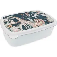 MuchoWow Broodtrommel Wit - Lunchbox - Brooddoos - Aquarelverf - Dieren - Olifant - Flamingo - Jongens - Blauw - Kinderen - Kids - 18x12x6 cm - Volwassenen