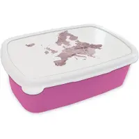 MuchoWow Broodtrommel Roze - Lunchbox - Brooddoos - Kaart Europa - Waterverf - Paars - 18x12x6 cm - Kinderen - Meisje