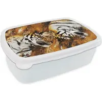 MuchoWow Broodtrommel Wit - Lunchbox - Brooddoos - Tijger - Boom - Natuur - 18x12x6 cm - Volwassenen