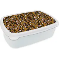 MuchoWow Broodtrommel Wit - Lunchbox Panter - Design - Roze - Bruin - Patronen - Brooddoos 18x12x6 cm - Brood lunch box - Broodtrommels voor kinderen en volwassenen