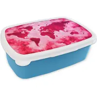 MuchoWow Broodtrommel Blauw - Lunchbox - Brooddoos - Wereldkaart - Rood - Roze - 18x12x6 cm - Kinderen - Jongen