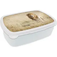 MuchoWow Broodtrommel Wit - Lunchbox - Brooddoos - Leeuwen - Afrika - Gras - 18x12x6 cm - Volwassenen