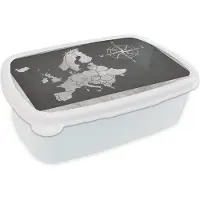 MuchoWow Broodtrommel Wit - Lunchbox - Brooddoos - Vintage Europakaart met windroos - zwart wit - 18x12x6 cm - Volwassenen