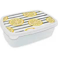 MuchoWow Broodtrommel Wit - Lunchbox - Brooddoos - Zomer - Citroen - Strepen - 18x12x6 cm - Volwassenen