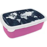 MuchoWow Broodtrommel Roze - Lunchbox - Brooddoos - Wereldkaart - Wit - Blauw - 18x12x6 cm - Kinderen - Meisje