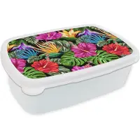 MuchoWow Broodtrommel Wit - Lunchbox - Brooddoos - Tropisch - Patronen - Bloemen - Monstera - 18x12x6 cm - Volwassenen