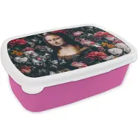 MuchoWow Broodtrommel Roze - Lunchbox - Brooddoos - Mona Lisa - Da Vinci - Bloemen - Schilderij - 18x12x6 cm - Kinderen - Meisje