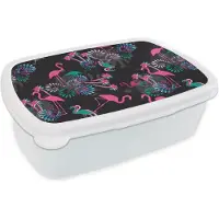 MuchoWow Broodtrommel Wit - Lunchbox - Brooddoos - Flamingo - Patroon - Roze - Jungle - 18x12x6 cm - Volwassenen