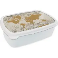 MuchoWow Broodtrommel Wit - Lunchbox - Brooddoos - Wereldkaart - Goud - Bloemen - 18x12x6 cm - Volwassenen