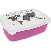 MuchoWow Broodtrommel Roze - Lunchbox - Brooddoos - Wereldkaart - Quote - Zwart - Wit - 18x12x6 cm - Kinderen - Meisje